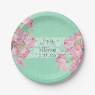 Assiettes En Carton Floral rose rustique sur Mariage Burlap vert menth