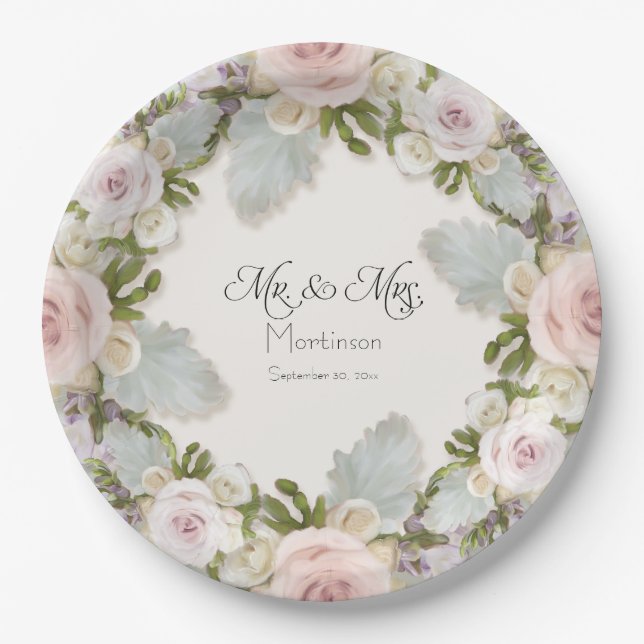 Assiettes En Carton Floral Rose Succulent Foliage M. et Mme Mariage (Devant)