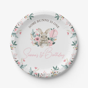 Assiettes En Carton Floral Rose Un Lapin Tourne Un 1Er Anniversaire