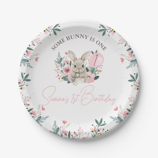 Assiettes En Carton Floral Rose Un Lapin Tourne Un 1Er Anniversaire (Devant)