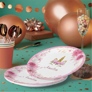 Assiettes En Carton Floral rose  Unicorne fête d'anniversaire
