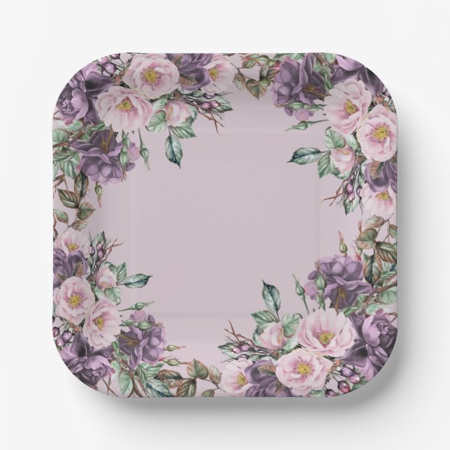Assiettes En Carton Floral Rose violet (Recto)