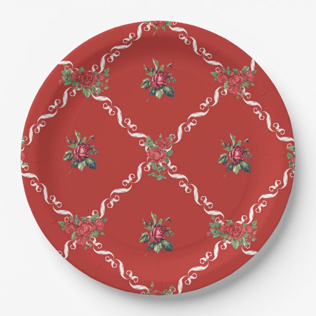 Assiettes En Carton Floral rouge et treillis doux Valentine (Devant)