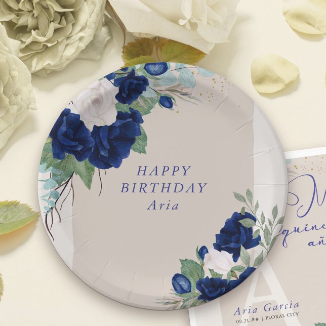 Assiettes En Carton Floral Royal Bleu et Roses d'ivoire Personnalisé (Personalized Birthday Party Plates with beautiful royal blue and ivory rose blooms)