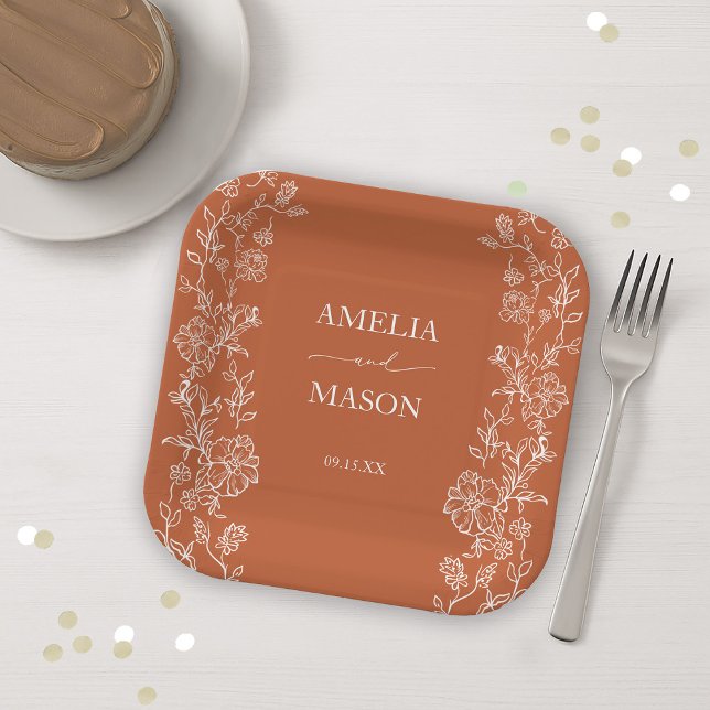 Assiettes En Carton  Floral Rustic Terracotta Paper Wedding  (Floral Rustic Terracotta Paper Wedding Paper Plates)
