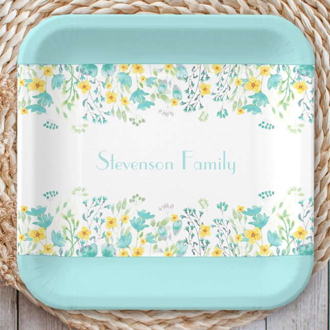 Assiettes En Carton Floral Spring Blue Yellow Fleurs sauvages Nom de f (Floral Spring Blue Yellow Wildflowers Family Name Paper)