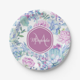 Assiettes En Carton Floral succulent pourpre et bleu élégant avec le