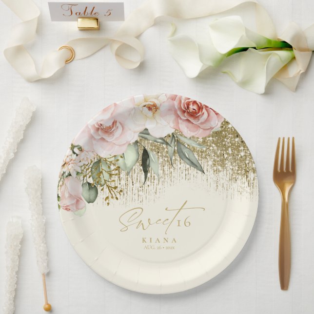 Assiettes En Carton Floral Sweet sixteen Gold ID912 (Mariage)