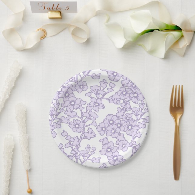 Assiettes En Carton Floral Trellis Purple - White (Mariage)