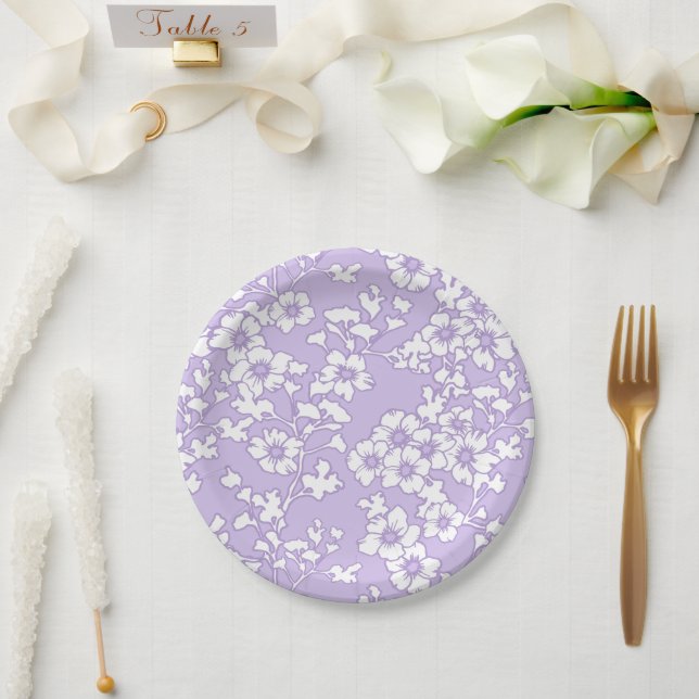 Assiettes En Carton Floral Trellis White - Purple (Mariage)