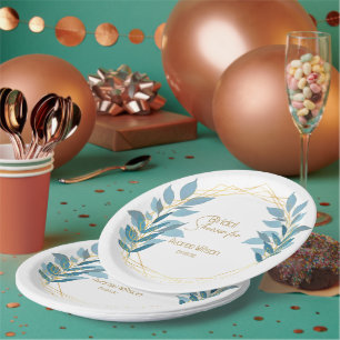 Assiettes En Carton Floral Turquoise bleu et or