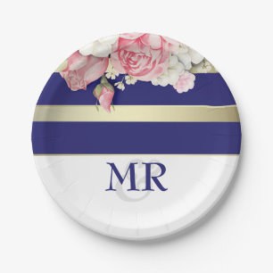 Assiettes En Carton Floral Vintage Navy Gold White Stripes Mariage