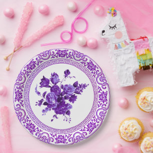 Assiettes En Carton Floral vintage Violet Et Blanc