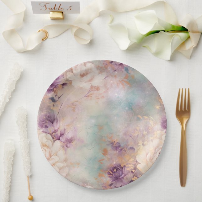 Assiettes En Carton Floral violet turquoise (Mariage)