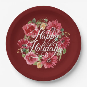 Assiettes En Carton Floral Wreath Joyeuses Vacances Rouge