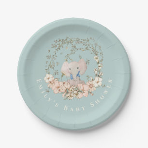 Assiettes En Carton Florales d'éléphants vintages Baby shower bleu d'o