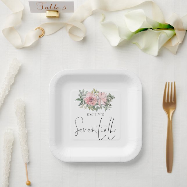 Assiettes En Carton Florales rose vif moderne 70e anniversaire (Mariage)