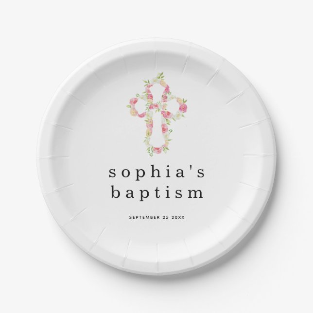Assiettes En Carton Florales roses Nom croisé Date Girl Baptême Papier (Devant)
