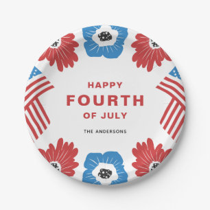 Assiettes En Carton Florales rouges blanches et bleues joyeuses le 4 j