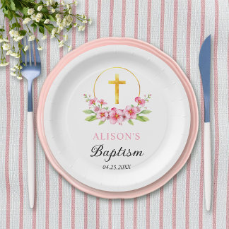 Assiettes En Carton Floraux roses et croix d'or fille de baptême flora