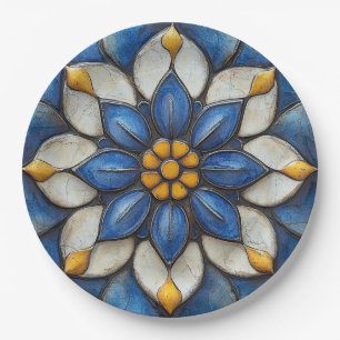 Assiettes En Carton Flore Azulejo bleu blanc et jaune