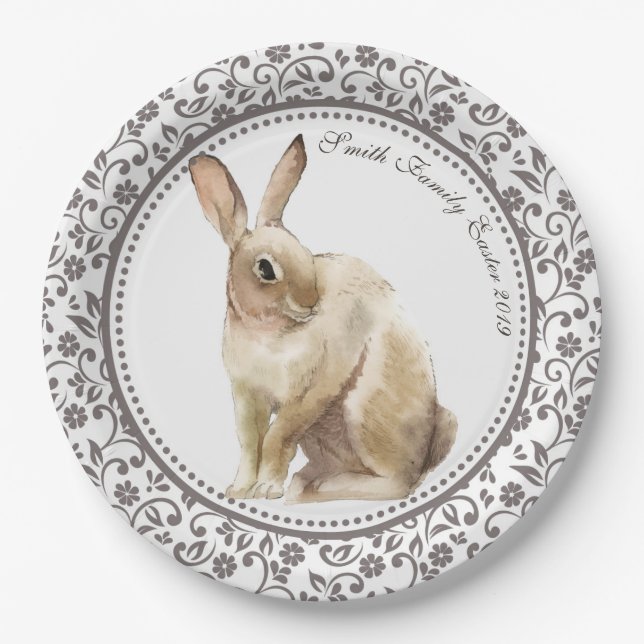 Assiettes En Carton Flore de lapin de Pâques personnalisée (Devant)