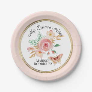 Assiettes En Carton Flore du papillon rose-doré de Quinceanera