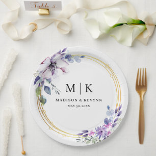 Assiettes En Carton Flore minuscule et chic en or violet   Mariage