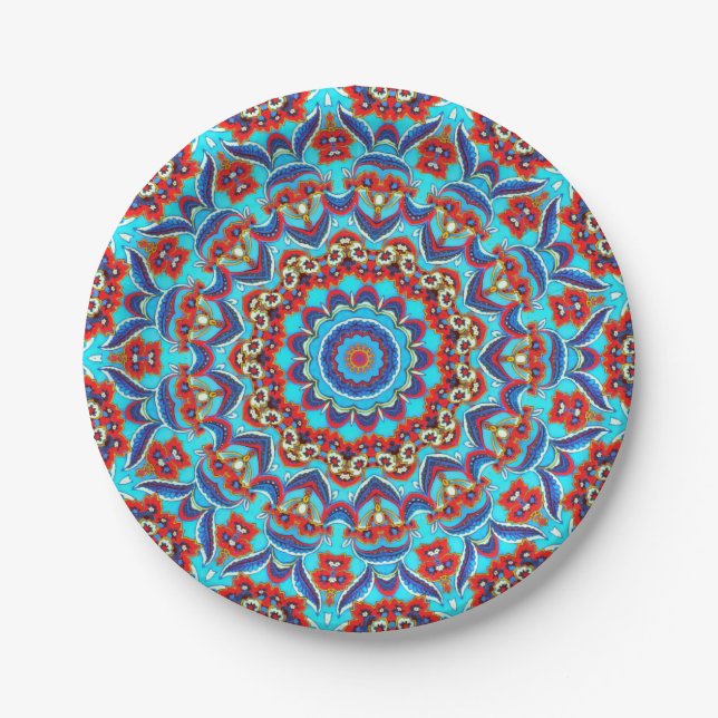 Assiettes En Carton Flore Turquoise bleu Mandala Boho (Devant)