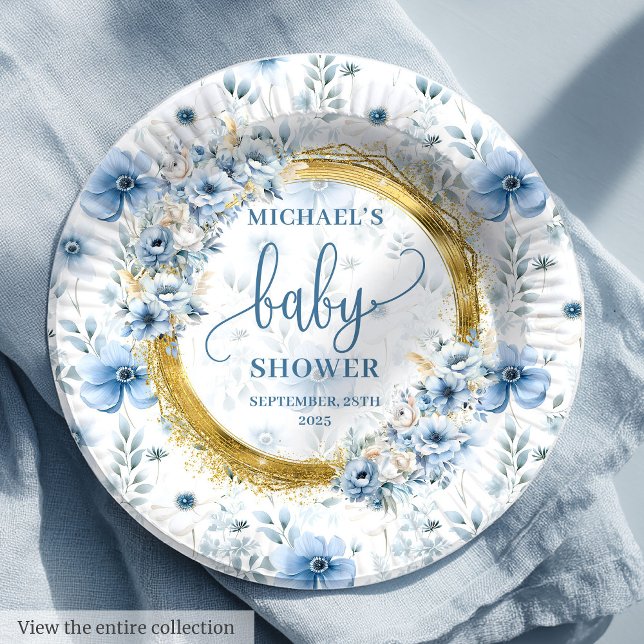 Assiettes En Carton Flores d'aquarelle bleu poussiéreux or (Modern dusty blue boho watercolor flowers gold Paper Plates)