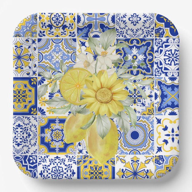 Assiettes En Carton Flores de mosaïque en bleu et jaune (Recto)