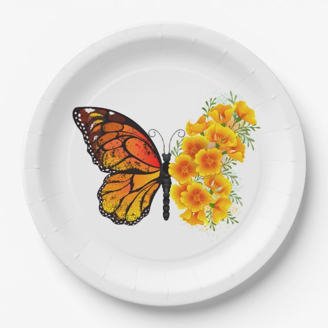 Assiettes En Carton Flower Butterfly with Yellow California Poppy (Devant)