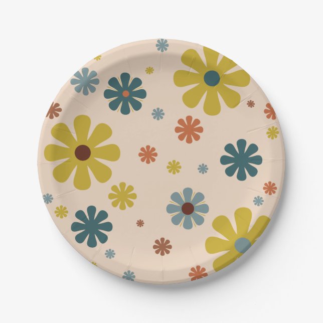 Assiettes En Carton Flower Power Retro 60s Pattern Mustard Blue Orange (Devant)