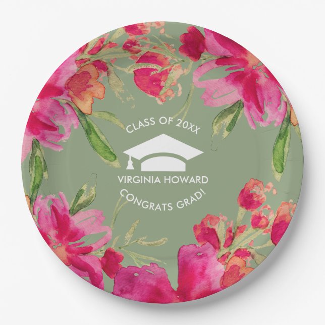 Assiettes En Carton Flowers romantiques | Graduation Party Paper Plate (Devant)