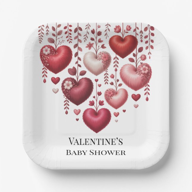 Assiettes En Carton Fluffy Red Floral Heart Baby Shower (Recto)
