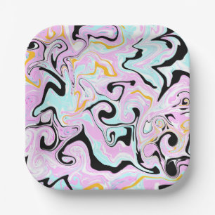 Assiettes En Carton Fluid Art Cotton Bonbon rose, Turquoise, noir et o