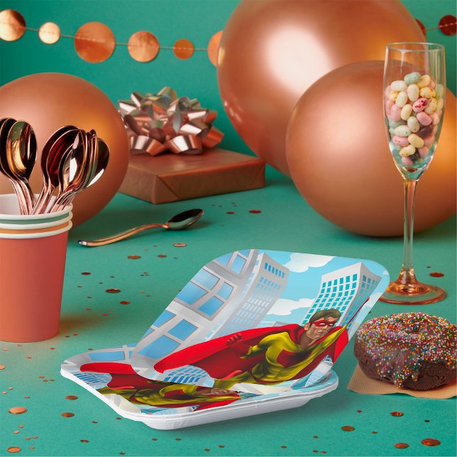 Assiettes En Carton Flying Superhero Comic Style rouge et jaune héros (Créateur téléchargé)