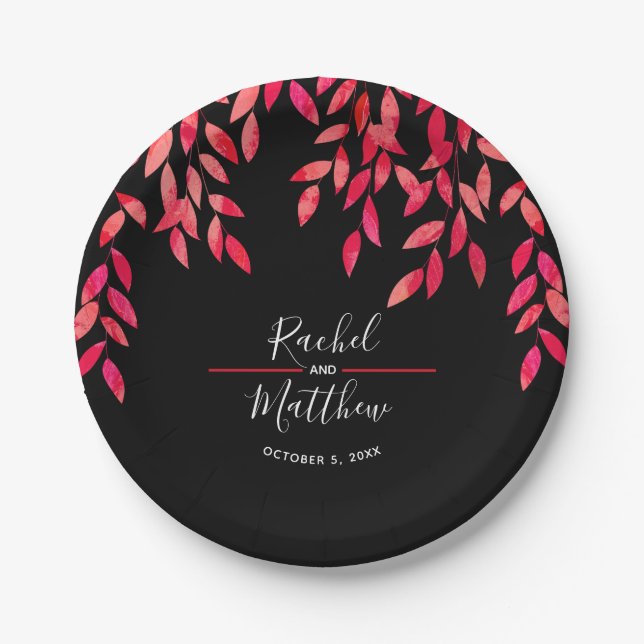 Assiettes En Carton Foliage rose chaud sur Mariage noir (Devant)