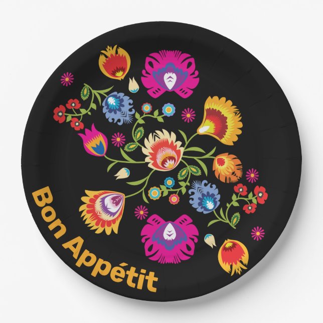 Assiettes En Carton folklore polonais avec fleurs roses (Devant)