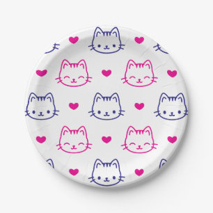 Assiettes En Carton Fond à motif de chat avec des cœurs roses Mignon