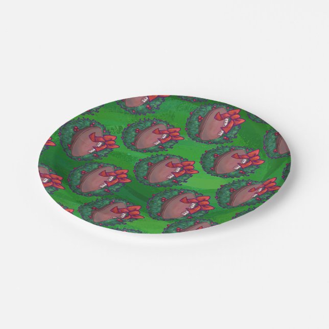 Assiettes En Carton Football en couronne de Noël sur vert (Angle)