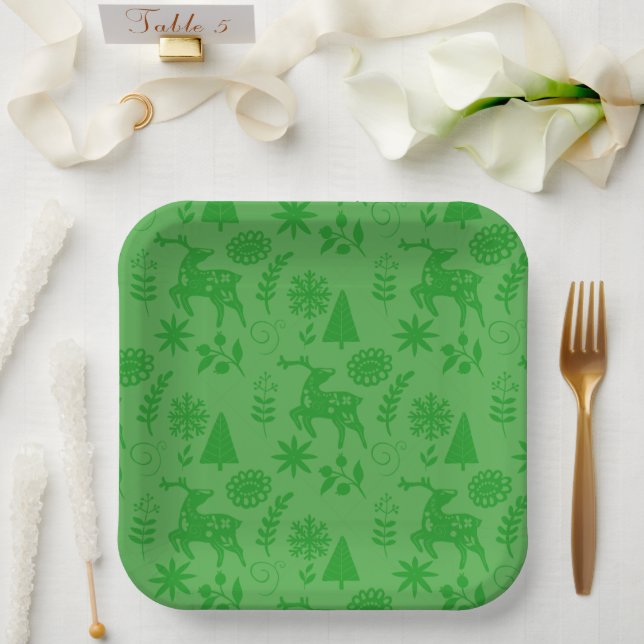 Assiettes En Carton Forest Deer Folk Art Green (Mariage)