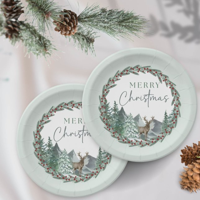 Assiettes En Carton Forêt de pins à l'aquarelle verte de Noël Fêtes de (Créateur téléchargé)