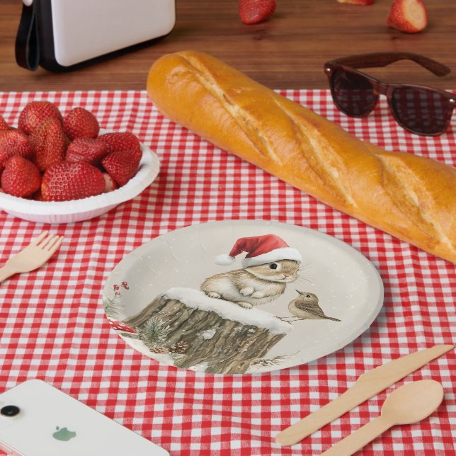 Assiettes En Carton Forêt enneigée Bois hivernal Noël Lapin Oiseau  (Pique-nique)