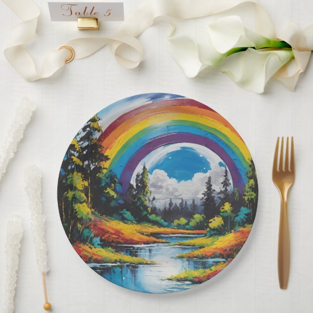 Assiettes En Carton Forêt Naturelle Extérieure Rivière Et Arc En Ciel (Mariage)