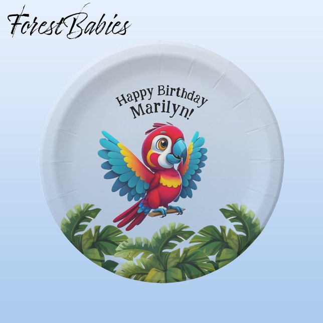 Assiettes En Carton Forêt tropicale Jungle Macaw Safari Parrot Bird (Macaw Parrot 🌴 Tropical Bird ForestBabies Customizable Birthday Party Animal 7" Paper Plates)