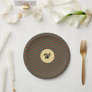 Assiettes En Carton Forêt verte et rayures bordeaux Monogramme