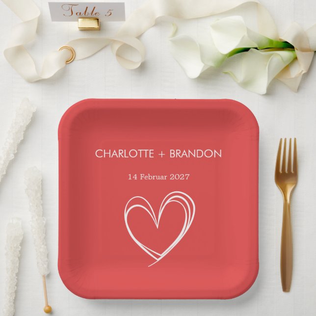 Assiettes En Carton Forme de coeur rouge Personnaliser le nom et la da (Mariage)