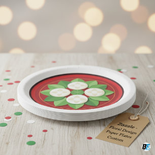 Assiettes En Carton Forme de fleur sur fond rouge foncé avec bordure e