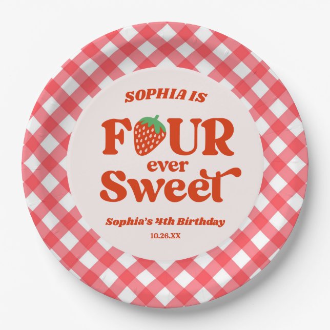Assiettes En Carton Four Ever Sweet Strawberry 4e fête d'anniversaire (Devant)